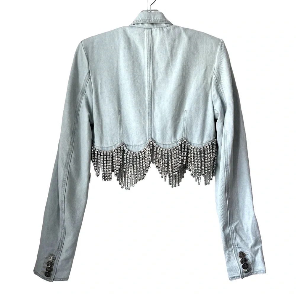 ⚡️⚡️AREA Scalloped Embellished Cropped Denim Jacket in Pale Blue, Size 4,NWT - Picture 13 of 17